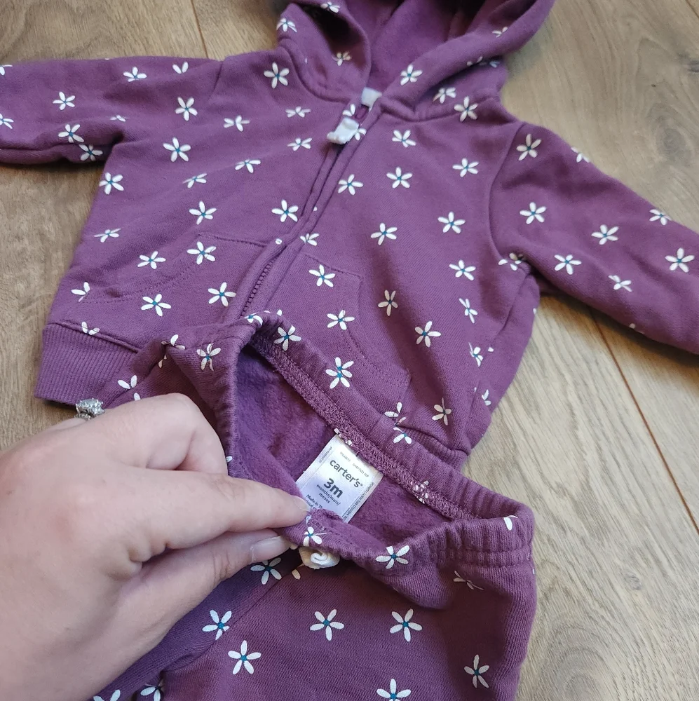 3m Carter's Purple Floral Baby Hoodie and Pants Set